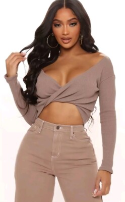 Fashion Nova Twisted Sista Womens Crop Top Mocha Large