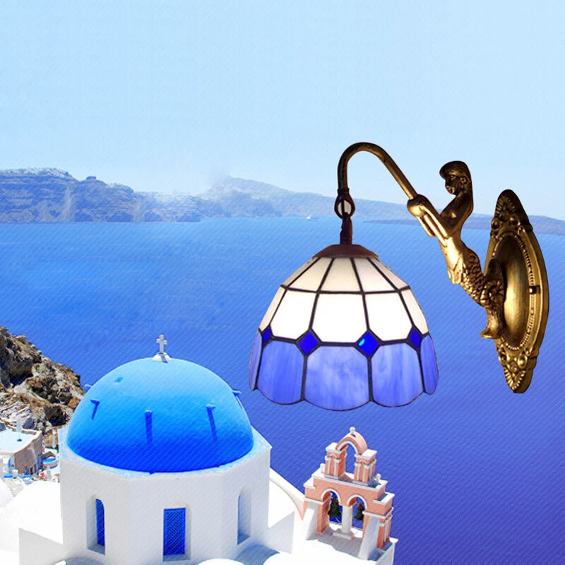 Lámpara de pared LED de vidrio estilo mediterráneo Tiffany lámpara accesorio bombilla E27 Foto 3 de 4