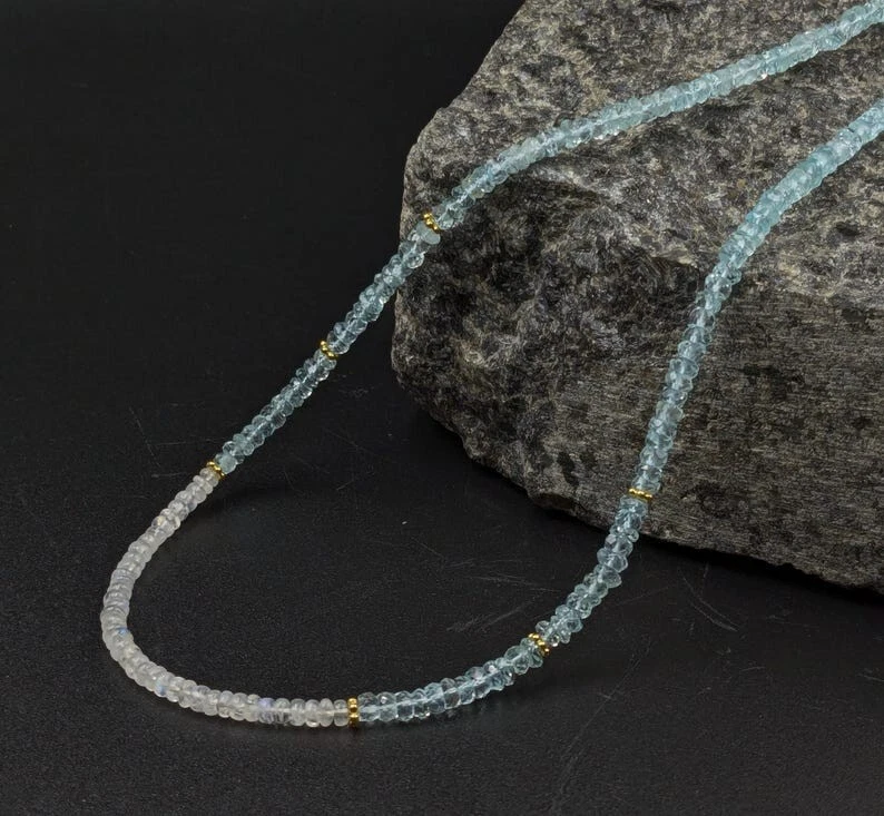 AAA+ Blue Aquamarine & Moonstone Faceted Rondelle Gemstone Beaded Necklaces 18'' - Image 3 of 4