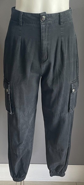 BOOHOO Cargo Pants Black Size 8 Elasticised Cuffs Tapered Leg Pockets
