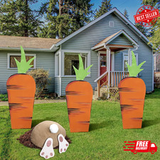 Easter Bunny and Carrot Yard Stakes - 4 Piece Outdoor Decoration Set SHIPS FREE
