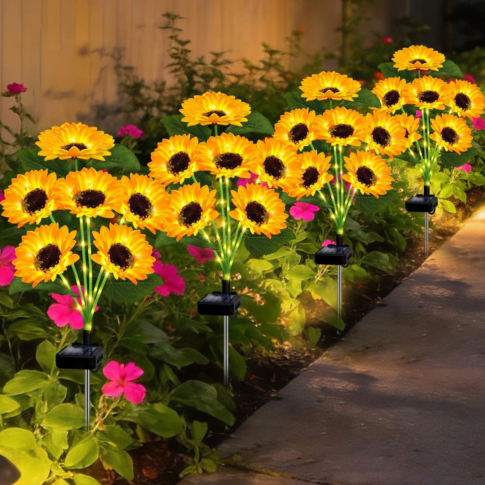 Solar Sunflower Lights Outdoor 4 Pack with 24 Sunflower Outdoor Lights Waterp...