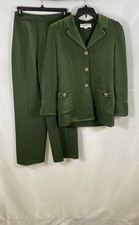 Vintage 90s St. John Collection Women's Green Knit Pant Suit Gold Button Sz 4