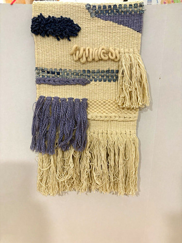 Handwoven Woven Wall Hanging Tapestry Textile Fiber Art Fringe Cream Gray Navy