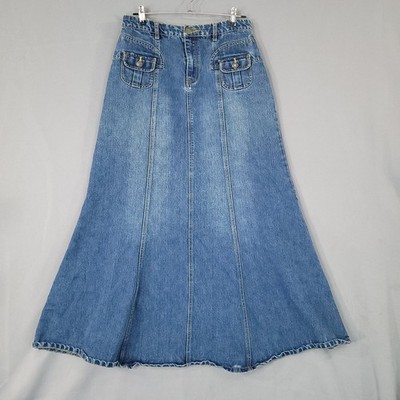 Style J Women's Blue Denim Skirt 30 L Maxi A-Line Cargo Pockets Cotton