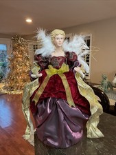 Victorian Christmas Angel Tree Topper 16&rdquo; Porcelain Red And Gold Velvet Gown
