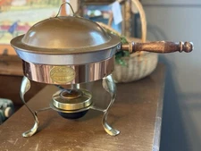 Vintage Chez Gourmand Copper And Brass Chafing/ Fondue Set W Wood Handle/burner