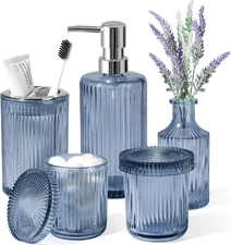 Blue Bathroom Accessories 5 Pcs, Glass Bathroom Accessory Set, Vintage Blue Bath