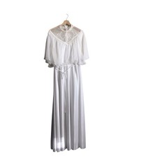Vintage Large White Satin Flutter Sleeves Lace Neck Romantic Maxi Wedding Gown
