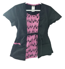 Heart Soul 3 Pocket Hot Pink /Black Cat Print Slimming Scrub Top Size Small