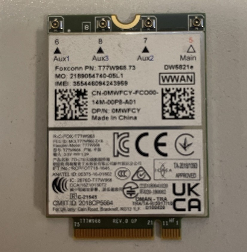 Dell DW5821e LTE WWAN Card Foxconn T77W968.73 Qualcomm X20 Pulled OE