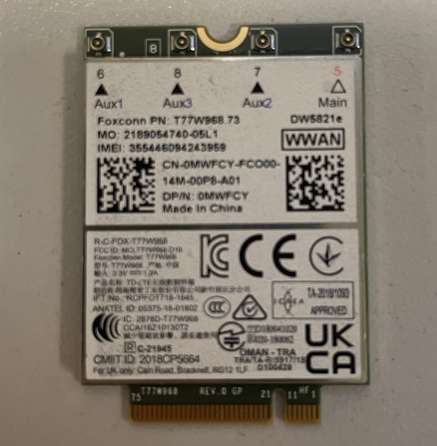 Dell DW5821e LTE WWAN Card Foxconn T77W968.73 Qualcomm X20 Pulled OE