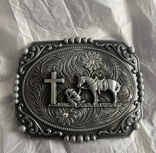 Western Floral Belt Buckle Praying Cowboy Kneeling at Cross Antique Silver Tone