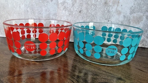 Pyrex 100th Anniversary Polka Dot Glass Bowl Set of 2 Red & Turquoise - 1qt