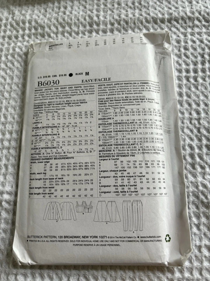 Butterick B6030 Size 14-22 Jacket Skirt Camisole Pants Wardrobe Pattern UNC - Image 2 of 3