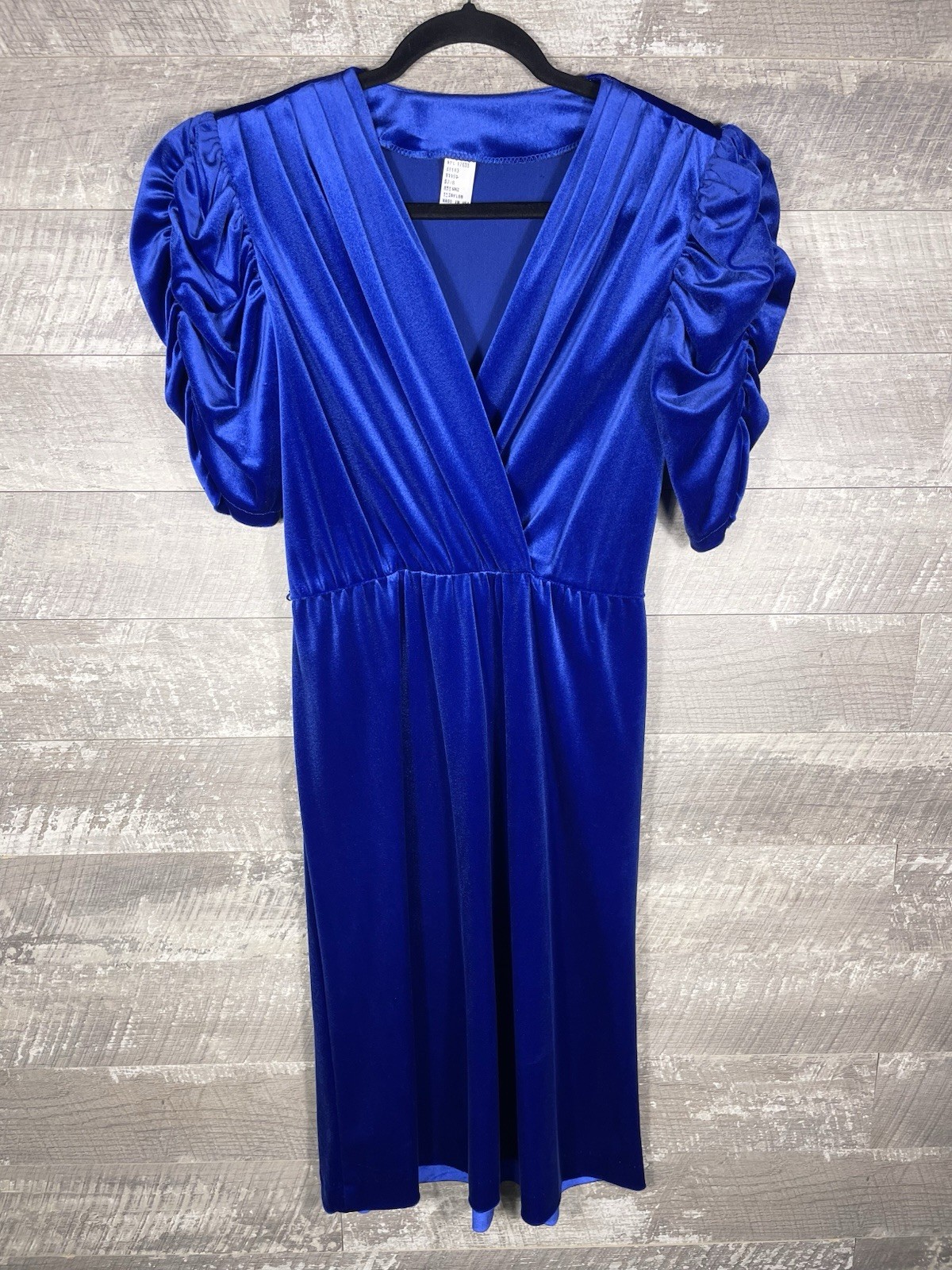VTG 80s Royal Blue Velvet Ruched Puff Sleeve V Neck Dress Sz 7/8 Formal Elegant