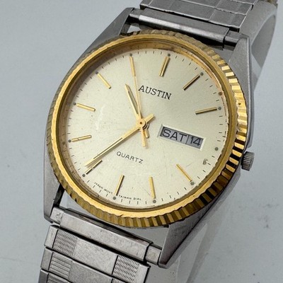 VTG Austin Quartz Watch Men Dual Tone Fluted Bezel Day Date Stretch New Battery