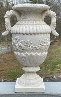 LARGE Vintage 20th C. Neoclassical Deco White Chalk / Plaster Relief Vase Urn