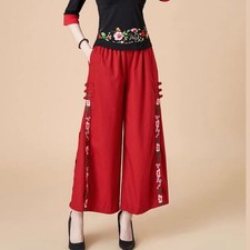 New Women's Chinese Style Loose Pant Elastic waist Casual Wide leg trousers gift