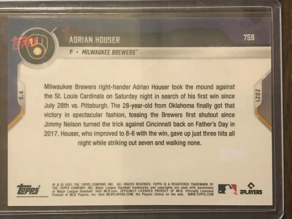 2021 Topps Now #759 Adrian Houser Milwaukee Brewers 22/25 - Image 2 of 2