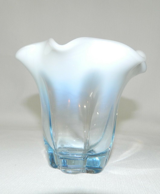 Small Blue Opalescent Ruffled Glass Candle Holder Vase Fenton? 4" H eBay