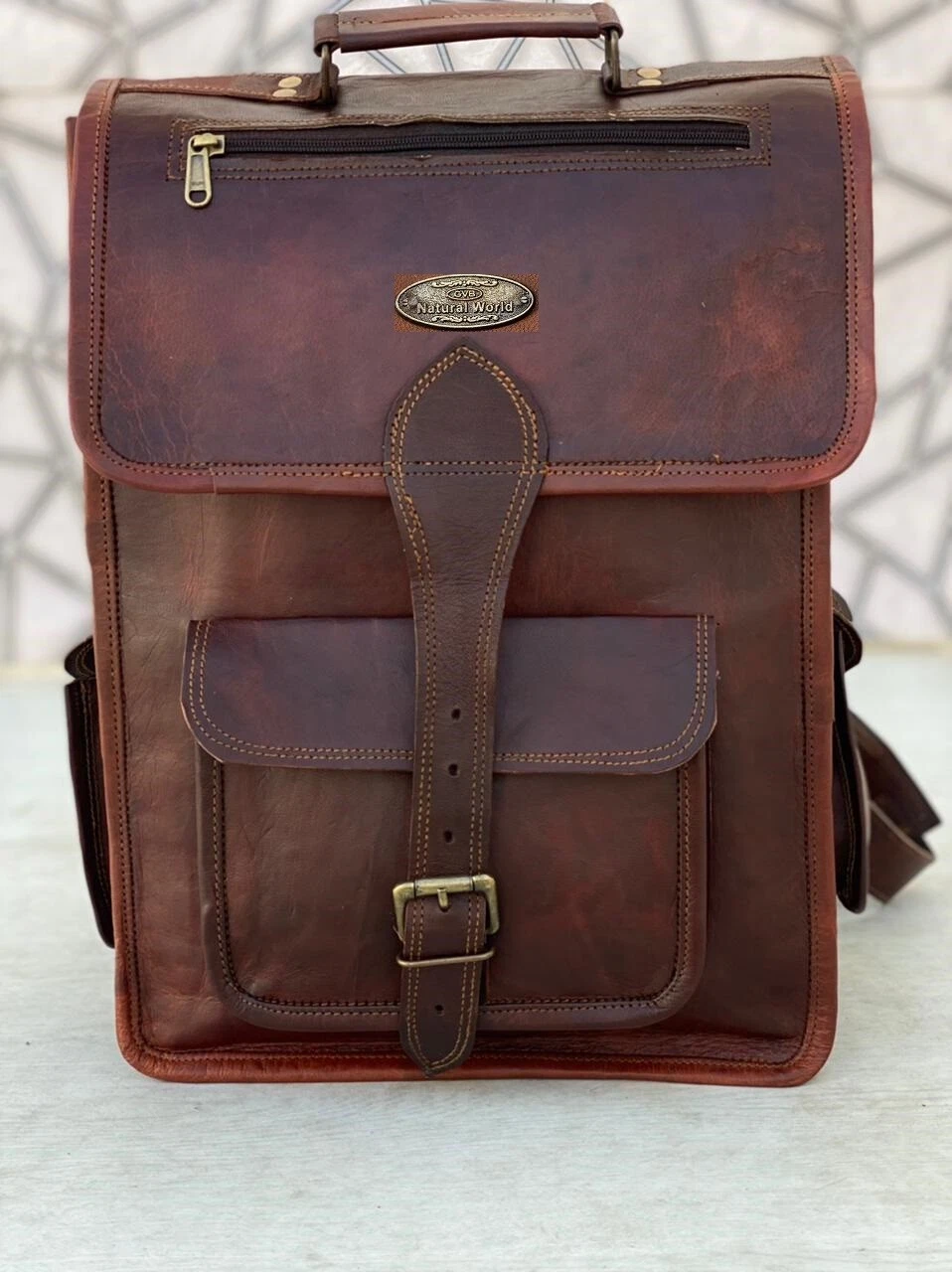 Leather Backpack Vintage Rucksack Laptop Genuine Men's Travel (16X12 inch Brown)