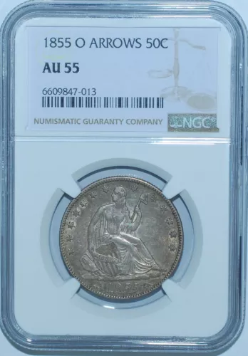 1855 O NGC AU55 With Arrows Seated Liberty Half Dollar