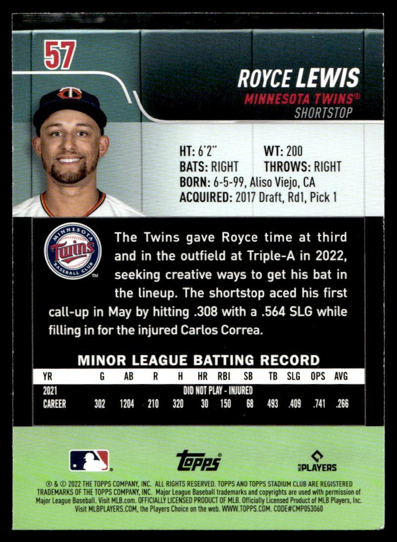 2022 Stadium Club 57 Royce Lewis Minnesota Twins RC Baseball Card