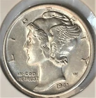 1941 P Mercury Dime Almost Uncirculated 90% Silver Coin AU / BU