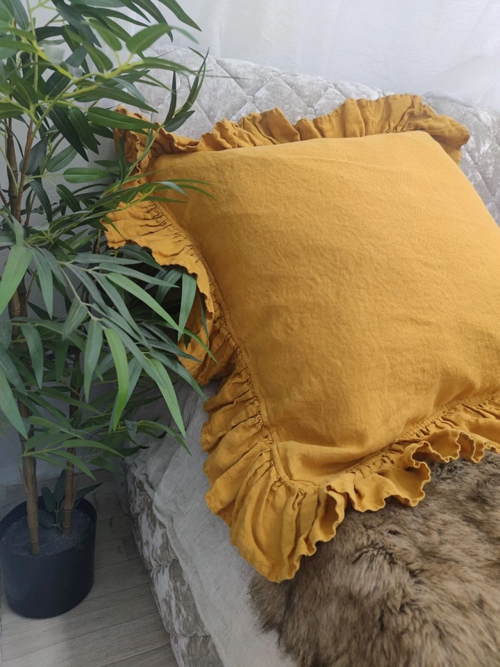 Funda de Almohada con Volantes Lino Almohada Falsa con Volantes Alrededor Botones Cierre Regalo Foto 2 de 4