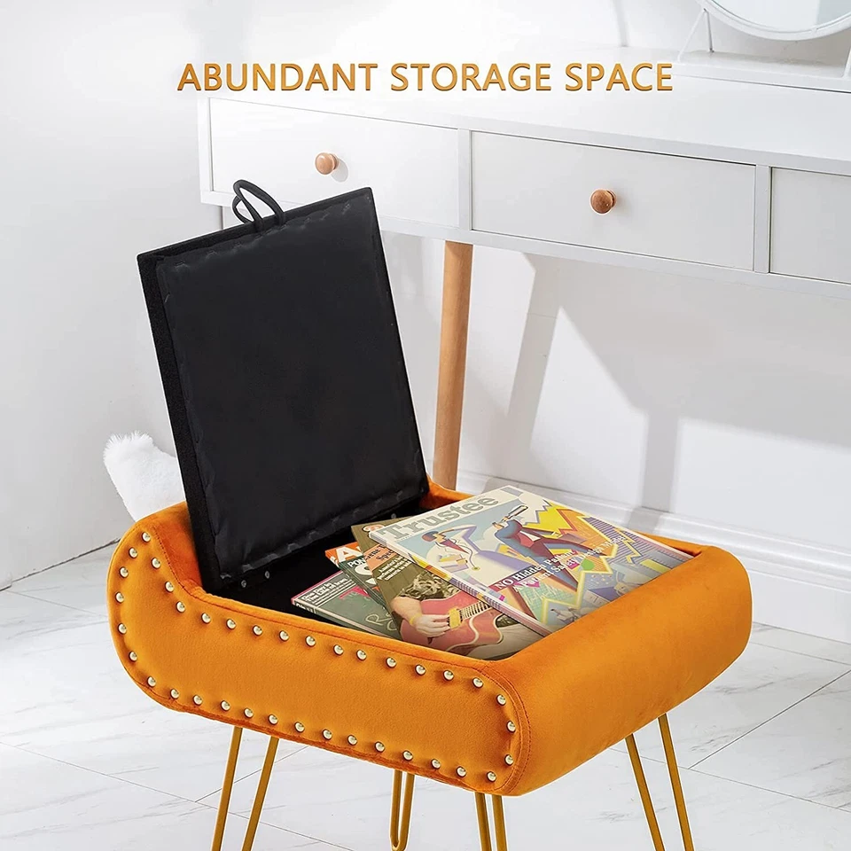 Modern Velvet Vanity Stool with Storage Square Makeup Chair with Metal Legs - Image 3 of 4