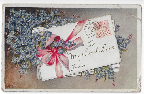 VINTAGE VALENTINE POSTCARD A. HALL "TO MY SWEET LOVE" VIOLETS POST MARK 1910