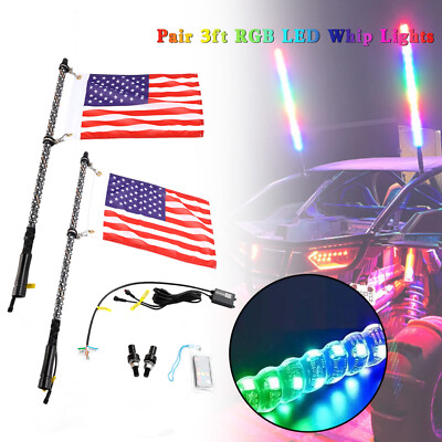 2X 3ft RGB LED Whip Light Antenna W/ Flag Remote Control Fit Polaris RZR UTV/ATV