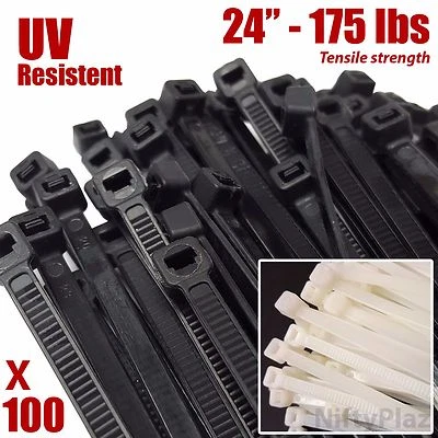 NiftyPlaza 24 Inch Cable Ties - 100 Pack - Heavy Duty 175 lbs Nylon Zip Ties