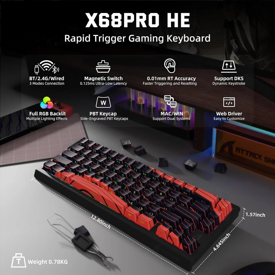 ATTACK SHARK X68 PRO HE Wireless Rapid Trigger Gaming Keyboard with Adjustable - Image 2 of 4
