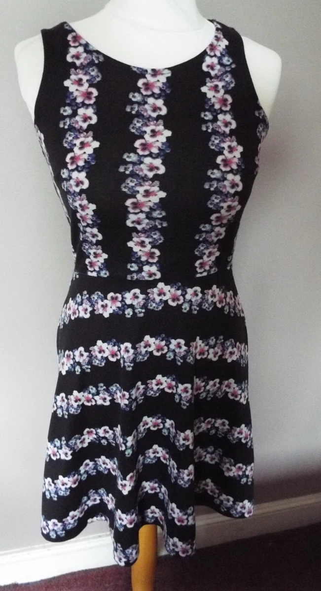 H M black pink blue white flower A line skater sun dress size