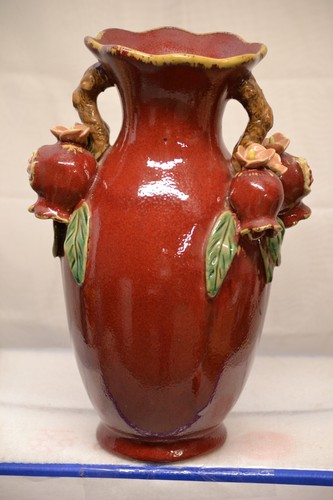 ANTIQUE DEEP RED OX BLOOD CHINESE VASE POMEGRANATE HANDLES ART NOUVEAU STYLE 13" - Picture 4 of 6