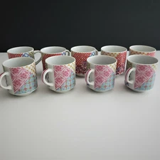 VTG Lot of 9  Stackable Coffee Cups Pastel Spring Patchwork Quilt FREE SHIPPING