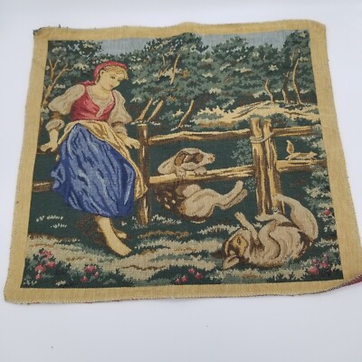 Country Scene Tapestry Girl sitting on the Fence Farm Animals 17-1/2'' X 15-1/2''