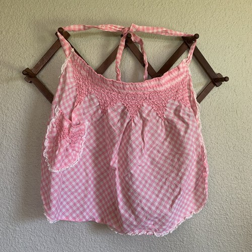 MCM Vintage Half Apron Pink & White Gingham Frill Hostess Kitchen Pocket Ruffles
