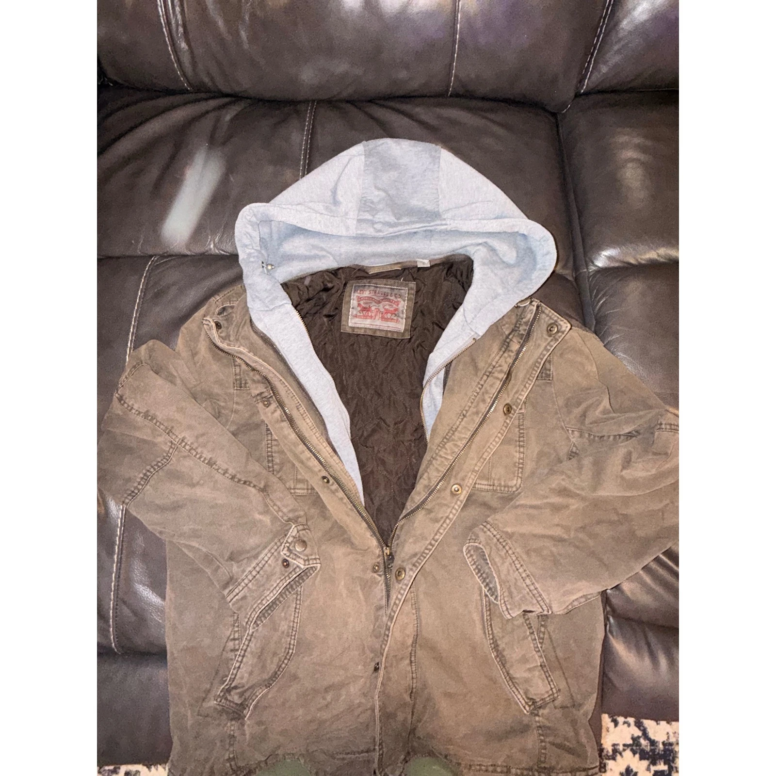 Levi Strauss Mens Brown Cotton Field Jacket Hooded Quilted Lined Utility Coat L - product detail image 2