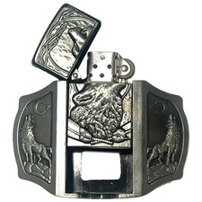 Wolf Bust Howling Refillable Flip Top Lighter in a Belt Buckle Combo