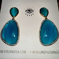 Eye Candy LA Alyosha Crystal Double Drop Earrings Teal Blue Gold Plated CZ Pav&eacute;