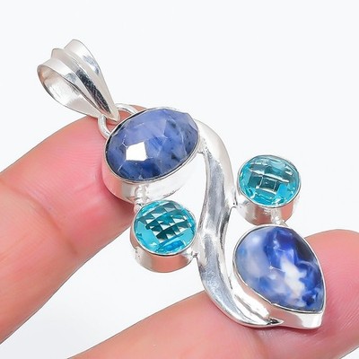 Natural Sodalite Gemstone Handmade 925 Sterling Silver Jewelry Pendant Size 2''