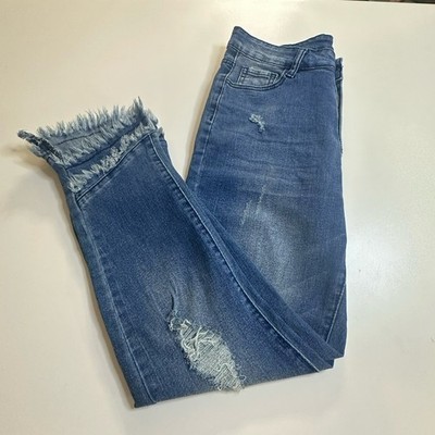 Crazy Train Women's Jeans Blue Distressed Layered Frayed Hem Cropped Size 7