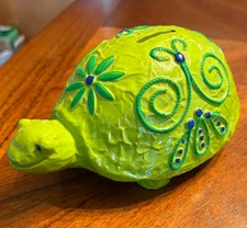Vtg 1970s Paper Mache Turtle Bank Fitz & Floyd  Green and Blue Retro  