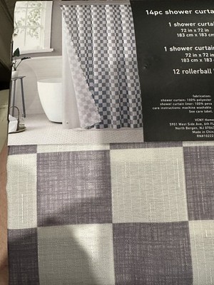 JADE + OAKE 14 PC COMPLETE SHOWER CURTAIN SET Gray/White Checkered MODERN CHIC