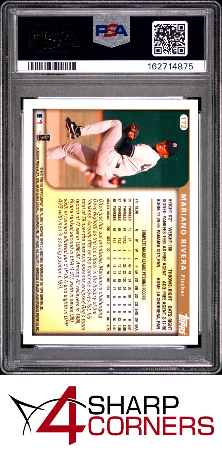 1999 TOPPS #172 MARIANO RIVERA YANKEES HOF PSA 10 view 2