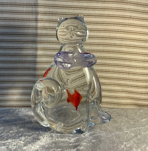 Vtg Murano Style Glass Kitty Cat Paperweight  w/Goldfish in Belly Hand Blown