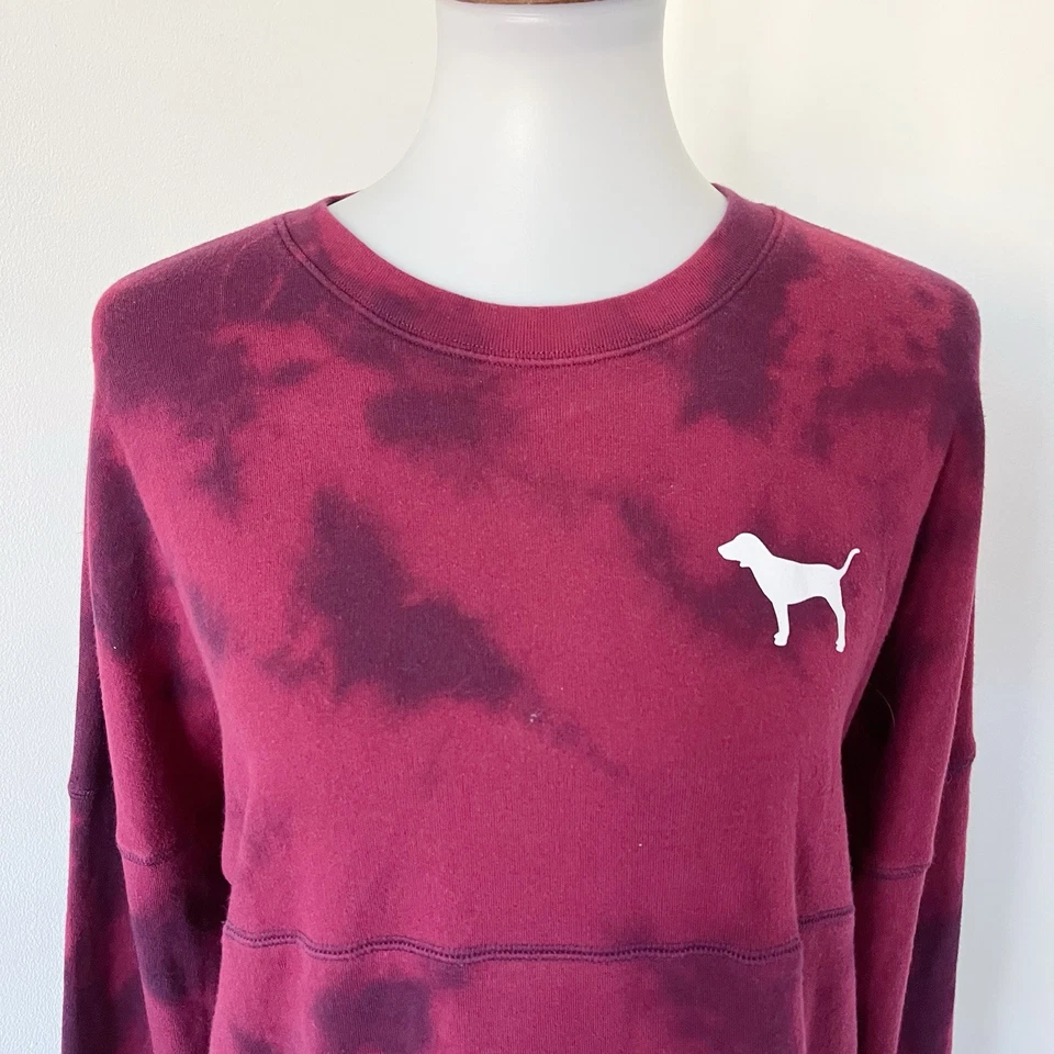 Victoria's Secret VS 粉色女式 XS 领带染料长袖 T 恤红色狗棉 — 第 3/4 张图片